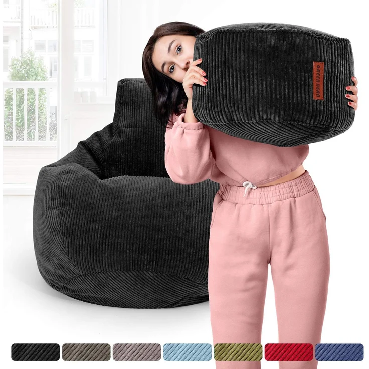 Green Bean® Sitzsack mit Hocker aus Cord - Sitzsäcke für das Wohnzimmer, Schlafzimmer, Sitzsack-Sessel für Erwachsene Schwarz – Bild 6