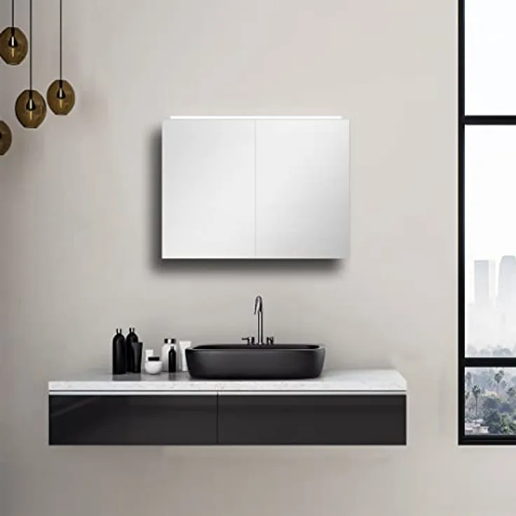 DSK LED-Spiegelschrank Aluminio Vegas, 70 x 50 cm, Aluminium mit LED-Oberlicht und zwei Glaseinlegeböden