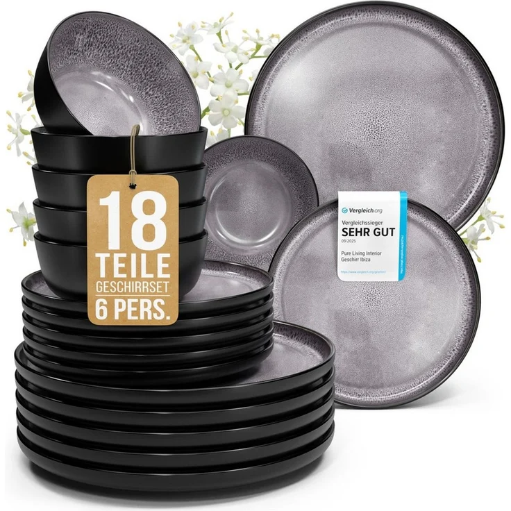 Steingut Geschirrset 6 Pers. Ibiza 18-tlg Hochwertiges Mediterranes TEST SEHR GUT Steingut Geschirr Set - Schüssel- und Teller Set - Tafelservice 6 Personen Geschirrsets Pure Living in Grau – Bild 1