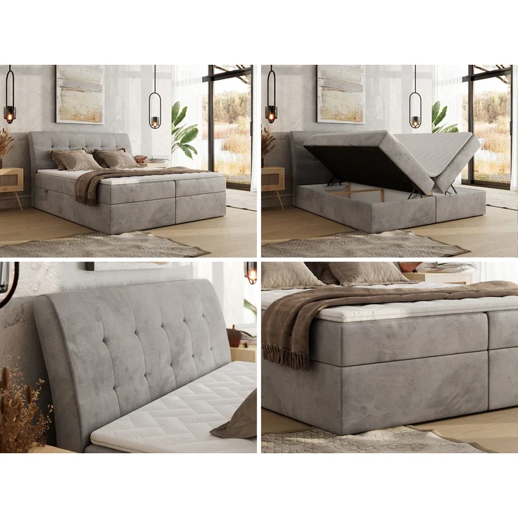 Boxspringbett DAGOS 180 x 200 cm mit Kopfteil, Lattenrost und Stauraum – Doppelbett mit Matratze & Topper Visco , stabile Konstruktion, Bettkasten, modernes Design - Hellgrau Velvet - H4 – Bild 2