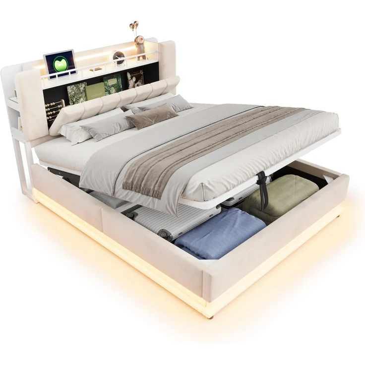 EINHOM Smartes Polsterbett 160 x 200 cm mit LED-Beleuchtung, USB- und Hydraulischem Stauraum, Weichem Samtbezug und Metallrahmen Beige, (Ohne Matratze) – Bild 6
