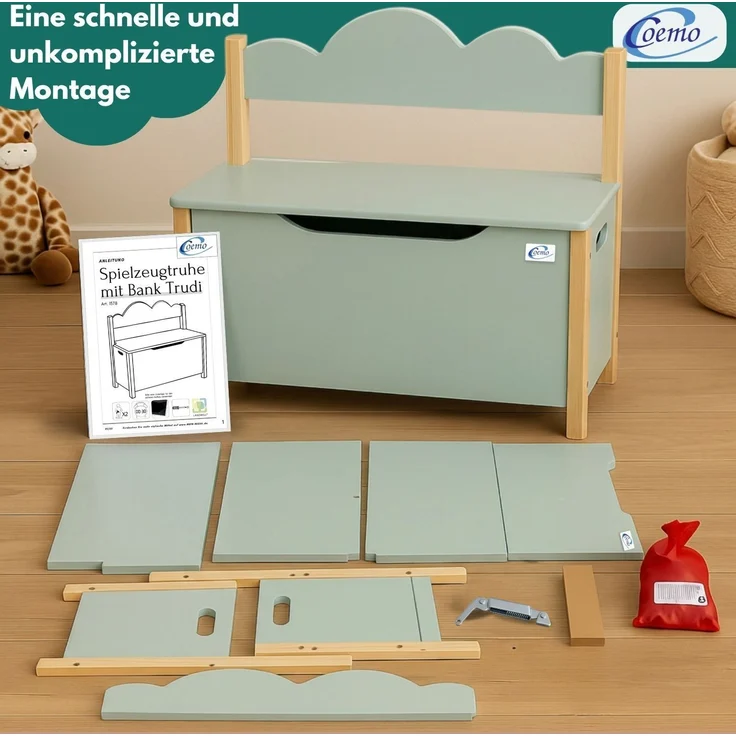 Coemo Truhe TRUDI mit Deckel Sitzbank für Kinder Spielzeugtruhe Mintgrün – Bild 5