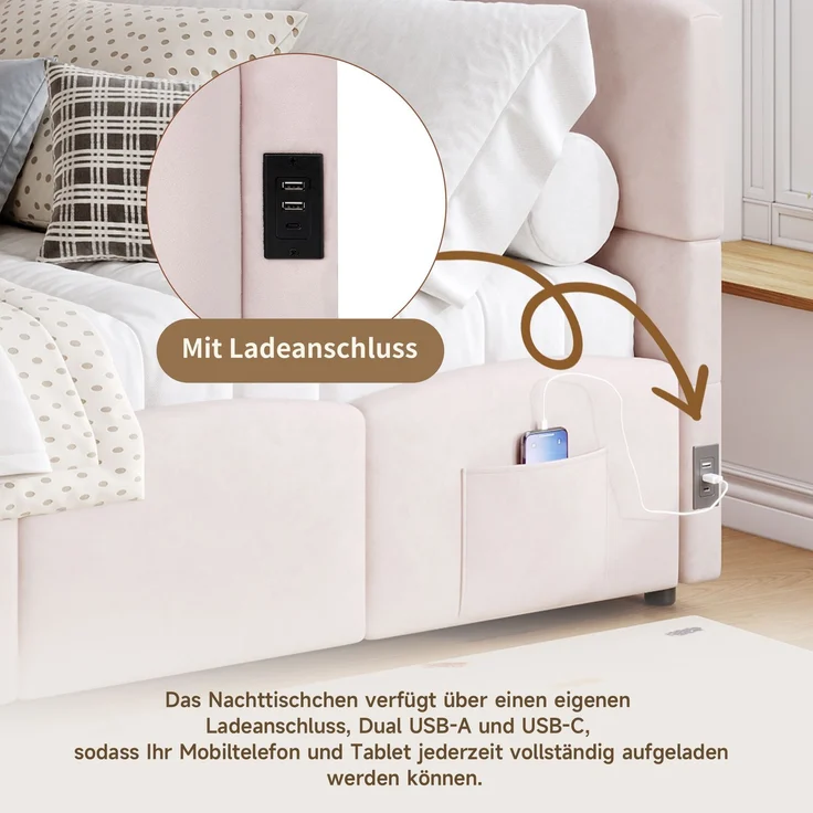Polsterbett, Kinderbett,Einzelbett, Stauraumbett, Schlafsofa 90x200 cm, mit Lattenrost, USB-Ladegerät, Stautasche, Jugendbett und Erwachsenen-Kinderbett, Samt,rosa (ohne Matratze) – Bild 7