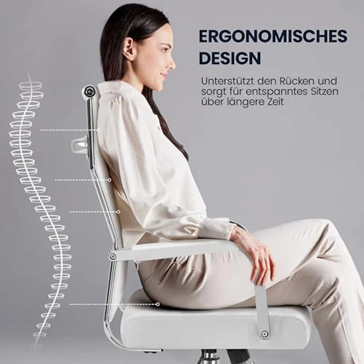 Yaheetech Bürostuhl ergonomischer Schreibtischstuhl mit Armlehnen, Chefsessel Computerstuhl hoher Rückenlehne, Arbeitsstuhl mit Wippfunktion bis 136 kg Belastbar Weiß – Bild 5