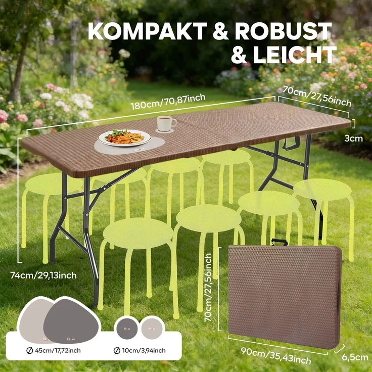 Eiryss Klappbarer Gartentisch 180x70cm, Outdoor Campingtisch für 8, braun mit Rattanoptik-Kunststoffplatte, Metallrahmen, 150kg, 3 Sicherheitsschlösser, leichter Buffetstisch für Garten, Balkon, Picknick – Bild 2