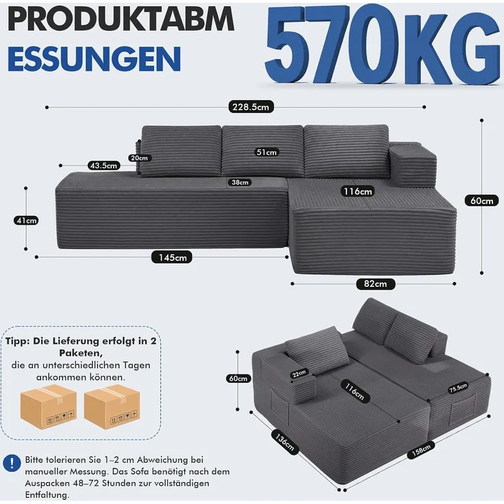 COMHOMA Ecksofa mit Schlaffunktion, 228cm Corduroy Modulares Boneless Couch mit Chaiselongue & Rücken-Metallgestell, L-Form Schlafsofa mit offenem Design, Kissen & Seitentaschen,für Wohnzimmer, GRAU-L – Bild 8