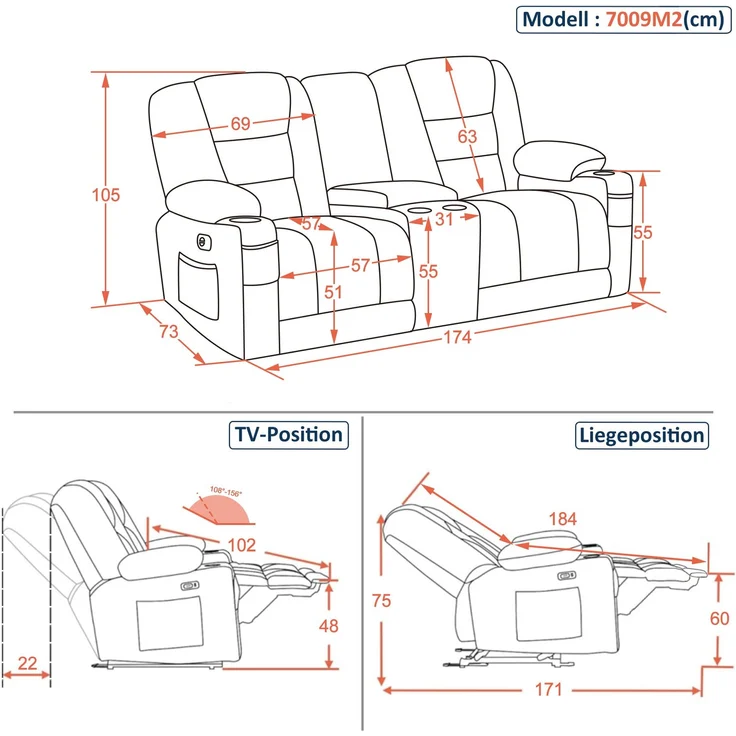 M MCombo Elektrisch 2 Sitzer Sofa mit Schlaffunktion, 2er Relaxsofa mit Taste 150° Verstellbar, Kinosessel mit Liegefunktion, Konsole & USB & Getränkehalter, 7009 (Grau) – Bild 2