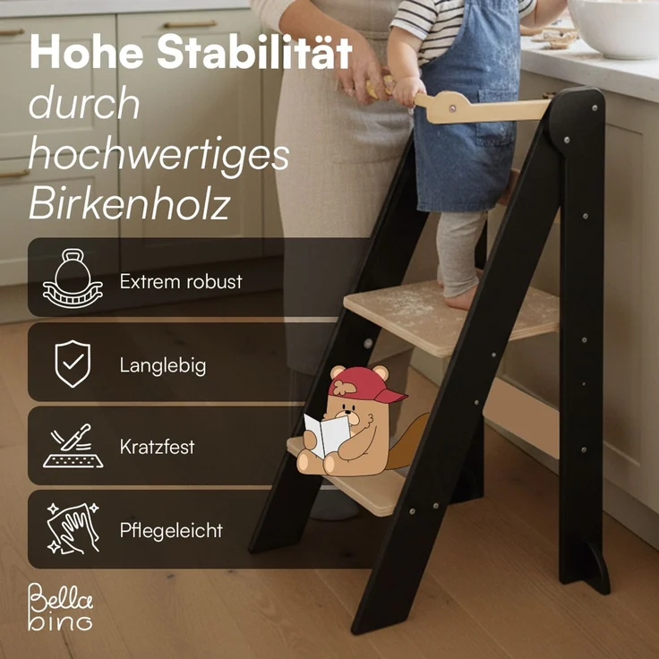 Bellabino 'Tay' Lernturm für Kinder ab 1 Jahr, Tritt 2-fach höhenverstellbar, natur/grau, Birke Sperrholz, klappbar, Tritthocker bis 50 kg belastbar – Bild 5