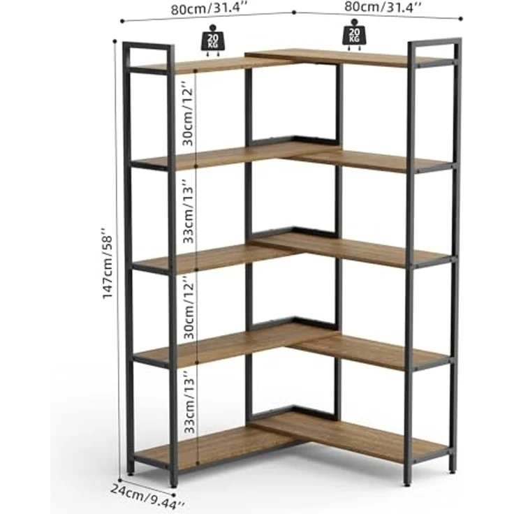 Mondeer Bücherregal Eckregal, Aufbewahrungsregal, 5-stufiges, Breite von 80-146cm verstellbar, Retro-Braun – Bild 4