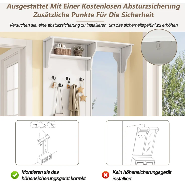 Flieks Garderobe 100 x 40 x 180 cm mit Spiegel, Schuhbank, 5 Haken, 2 Schränken und Regalfächern, Weiß – Bild 5