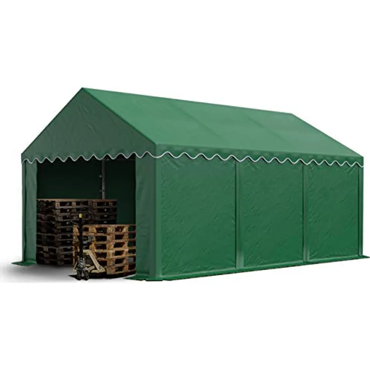 TOOLPORT Lagerzelt 3x6 m, Industriezelt mit 750 N PVC Plane, dunkelgrün, inkl. Bodenrahmen und Dachverstärkung