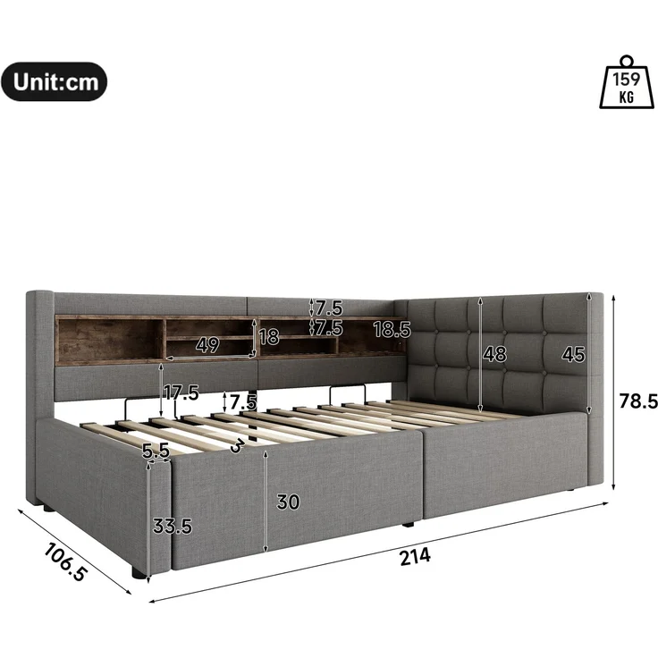 Daybett, Tagesbett, Schlafsofa,90x200cm, Ohne Matratze, Hydraulische Lagerung, mit dimmbarer LED-Leiste, mit praktischem Regal, mit USB-Anschluss, Grau – Bild 6