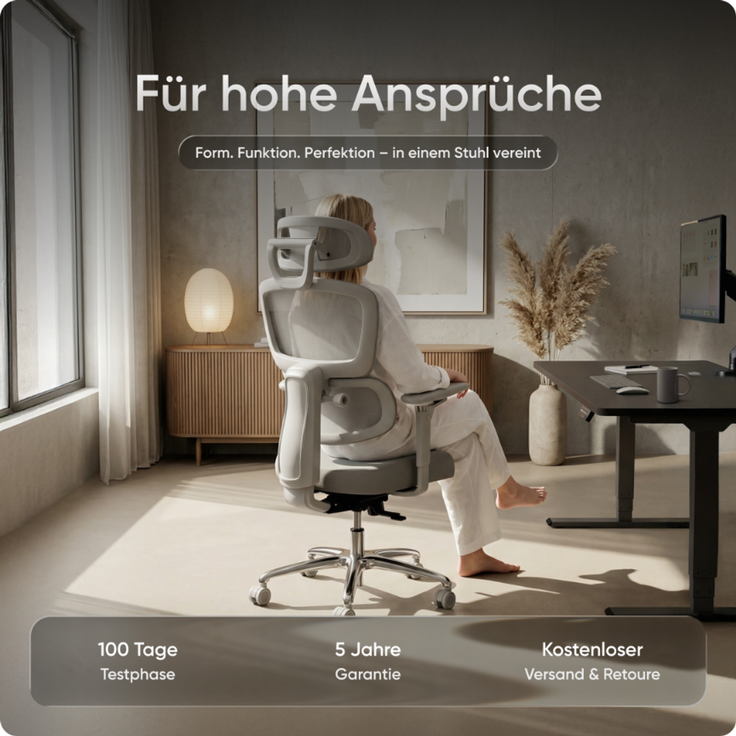 DESKSPACE Move Pro Ergonomischer Bürostuhl - Höhenverstellbarer Drehstuhl 3-stufiger Neigung Schreibtischstuhl, Bürodrehstuhl 150 kg Grau – Bild 2