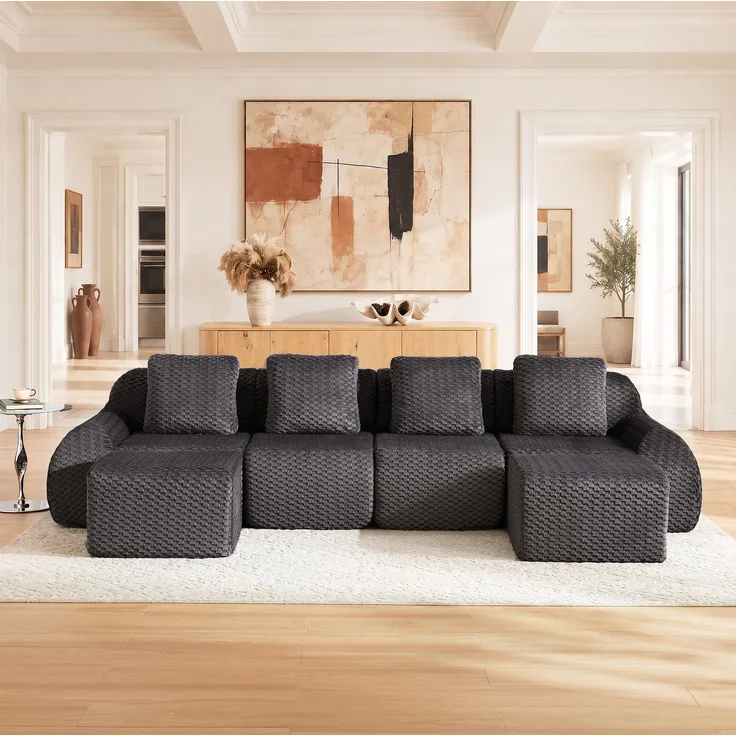 Merax Modulares Sofa U-Form/L-Form, 6-Sitzer Wohnlandschaft für Wohnzimmer, Rahmenloses Vollschaumsofa mit 74 cm Sitztiefe, Breiten Armlehnen und 2 Beweglichen Ottomanen, Montagefrei, Grau