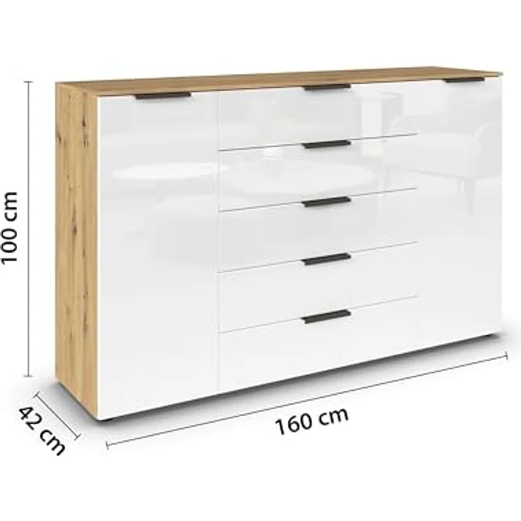 Rauch Möbel Flipp, Kombikommode, Kommode mit Stauraum für Wohnzimmer, Schlafzimmer, Flur, 4 Fachböden, Eiche Artisan/Glasfront Weiß, 2-türig, Glastüren, 5 Schubkästen, Griffe graphit, 160 x 100 x 42 cm – Bild 4