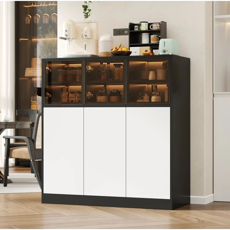 DESVIAE Sideboard mit LED-Beleuchtung und 6 Türen 100x105x40 cm Spanplatte Glas Schwarz Weiß – Bild 3