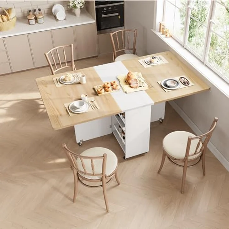 Jocoevol Platzsparender klappbarer Esstisch für 4 Personen, Klappbarer Esstisch mit Schublade und Ablagefach,Küchen und Esszimmertisch mit Rollen und Ausklappbarer Tischplatte für Kleine Räume-Weiß – Bild 5