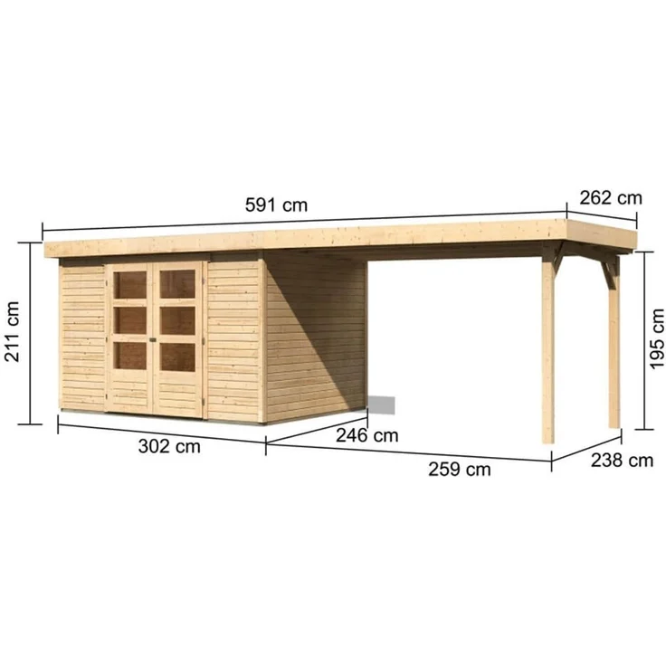 Gartenhaus Askola 5, 302 x 246 cm inkl Anbaudach 2,80 m mit Rückwand, 19 m Holz naturbelassen – Bild 2