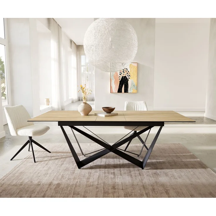 Esstisch Edge 180-220x100 Keramik Laminam® Sabbia Eichefarbig Spider Flachstahl Schwarz ausziehbar