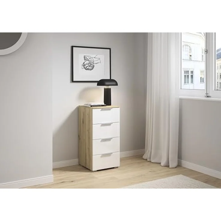 Rauch Möbel Alabama, Kommode für Schlafzimmer, Kinderzimmer, Garderobe, Flur, mit 4 Schubladen, Soft-Close-Funktion, Farbe Weiß Hochglanz/Eiche Artisan, Holz, Griff Alufarben, Maße 40 x 81 x 42 cm – Bild 2