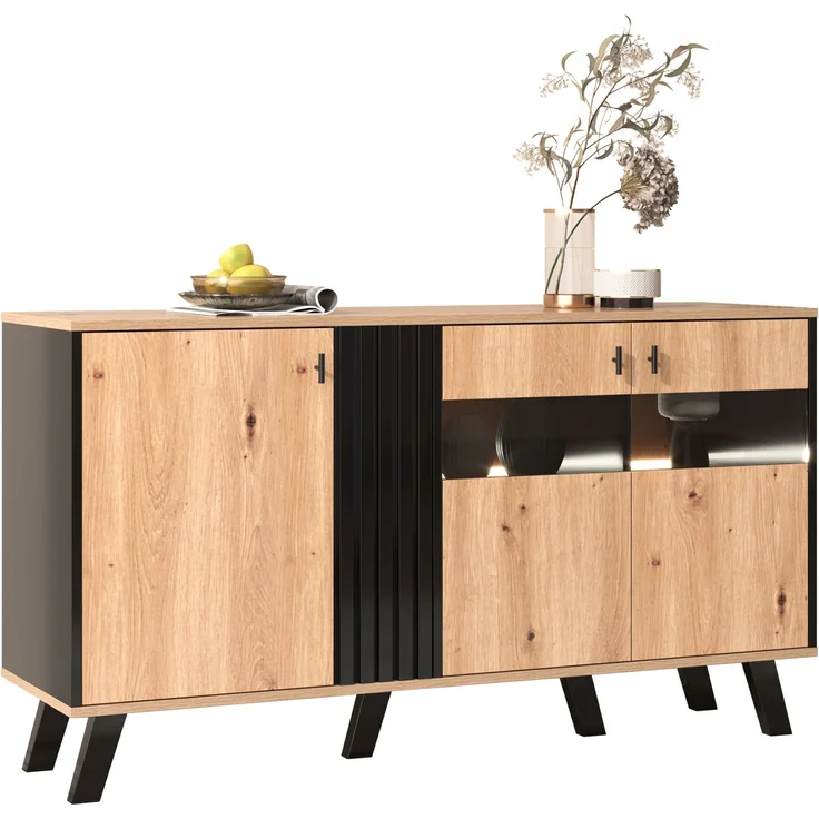 Merax 140 x 78 x 41 cm großes Sideboard mit Stauraum, Schrank mit LED-Licht und Glas, Holz und Schwarz – Bild 1