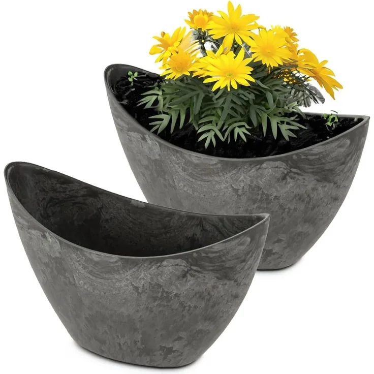 matches21 HOME & HOBBY Blumentopf Hohe Pflanzschalen oval 2x24 cm für draussen schwarz marmoriert (2 St), Wetterfeste Vintage Blumen-Schalen als Dekoschalen Grabschmuck