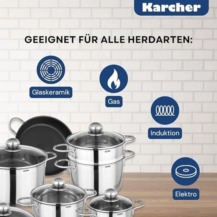 Kopf Topf-Set Josie, Edelstahl (14-tlg), Induktionstöpfe mit Schüttrand, Literskala und Glasdeckel – Bild 3