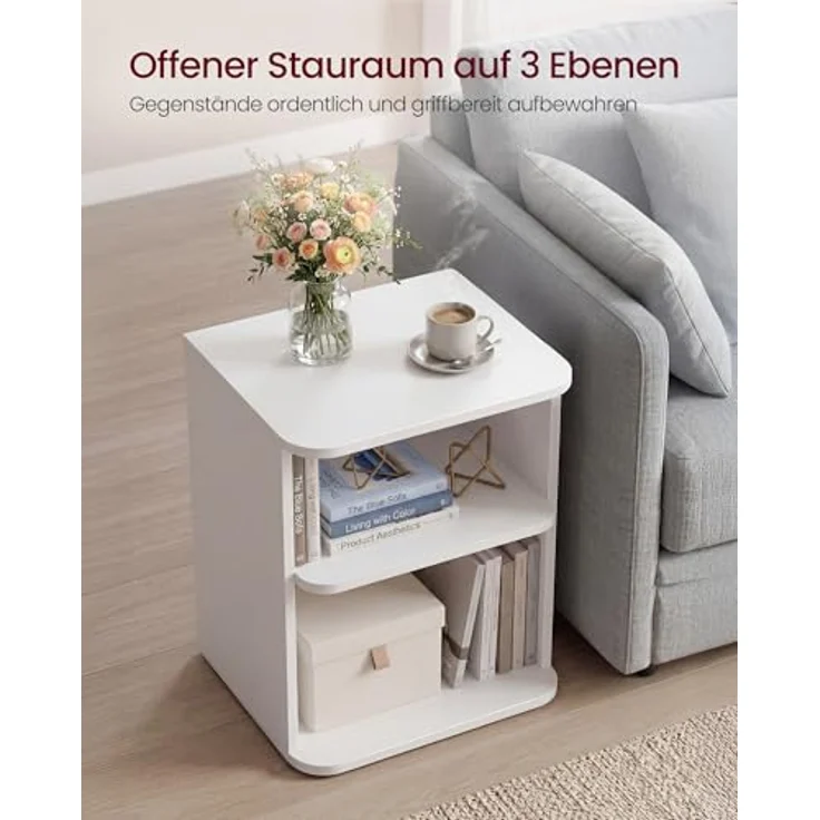 VASAGLE Nachttisch, Snapsemble – superschnelle Montage, 2er Set Beistelltisch mit 3 Ebenen, offene Ablagen, niedrig, Schlafzimmer, Wohnzimmer, kleine Räume, 30 x 35 x 45 cm, wolkenweiß LET123WE01-2J – Bild 6