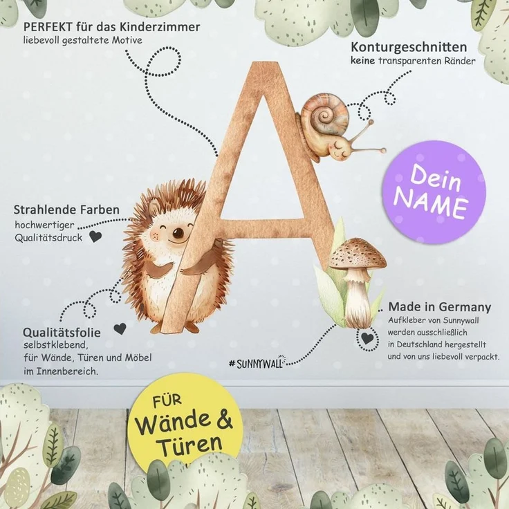 Sunnywall Wandtattoo Buchstaben ABC Waldtiere Aufkleber für Wand & Tür (Buchstaben einzeln oder kombinierbar), selbstklebend, konturgeschnitten – Bild 4