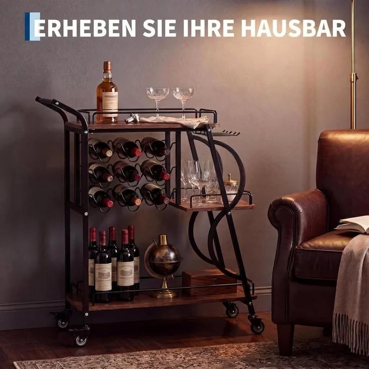 GarveeMore Servierwagen 3-stufiger mit Weinregal und Gläserhalterung, MDF in Holzoptik, 3-stufig, Weinregal, 8 Flaschen, 9 Gläser, Rollen, Holzoptik – Bild 3