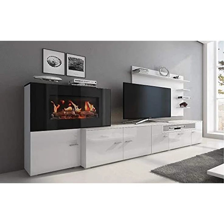 Skraut Home – Wohnzimmermöbel mit elektrischem Kamin – 170 x 290 x 45 cm – LED-Beleuchtungssystem mit Flammeneffekt – neues Olympo-Modell – moderner Stil – weißes Finish – Bild 2