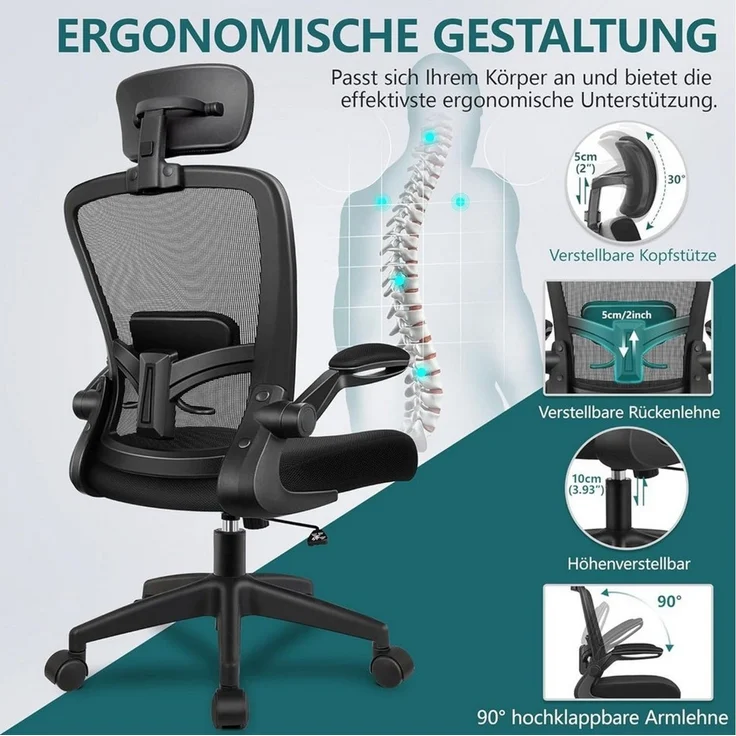 Vivitar Bürostuhl mit hoher Rückenlehne, verstellbarer Kopfstütze, Lendenwirbelstütze (10–15-Grad-Neigungsfunktion, flexibler Rückenlehne, stabiler Schreibtischstuhl), klappbaren Armlehnen, bequemer Bürostuhl mit atmungsaktivem Netzgewebe – Bild 3
