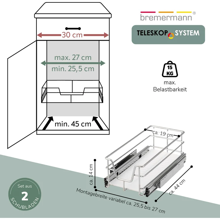 Teleskopschubladen 2er Set - für 30 cm Schrank mit Einlegeboden, aus Metall, (Chrom) – Bild 7