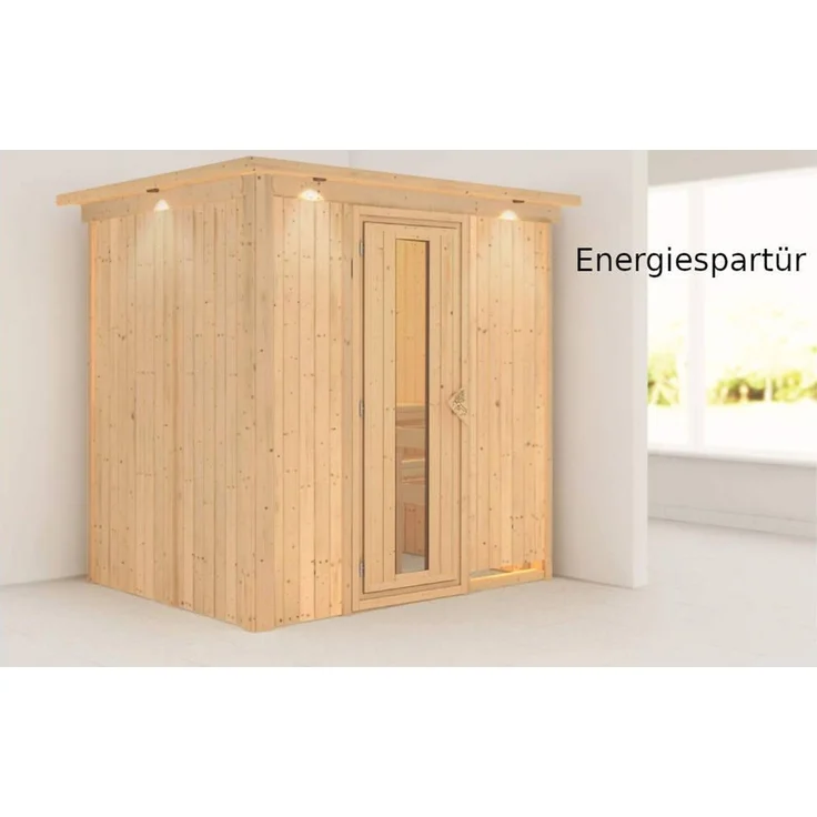 Karibu Sauna Bodin mit Dachkranz + 9kW BIO-Kombiofen mit ext. Steuerung Easy Klarglas Ganzglastür – Bild 4
