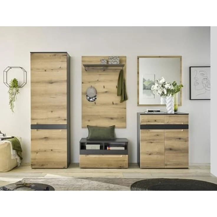 moebel-dich-auf Garderoben-Set TARENT, (Komplett-Set, Garderobenschrank + Paneel + Bank + Spiegel + Schuhkommode), in Anthrazit MDF / Evoke Oak MDF – Bild 2