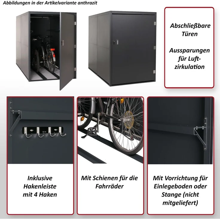 Mendler 'HWC-L56c' 2er-Fahrradgarage mit Ablage, abschließbar, Metall hellgrau, 160 x 113 x 209 cm – Bild 2
