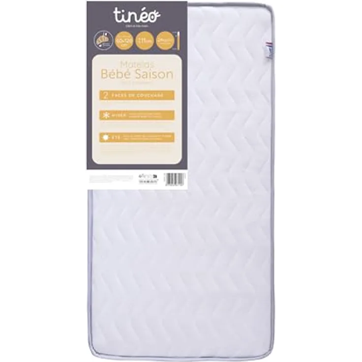 TINÉO - Babymatratze Season 60 x 120 x 11 cm – Babymatratze – 2 Seasons – 1 Sommerseite – 1 Seite Winter – Keine Behandlung – Dichte 24 kg/m