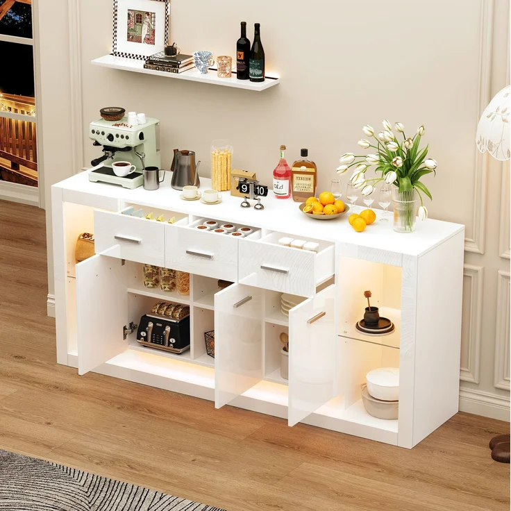 DESVIAE Sideboard mit LED-Beleuchtung und 14 Fächern 160x75x40 cm Spanplatte Weiß – Bild 2