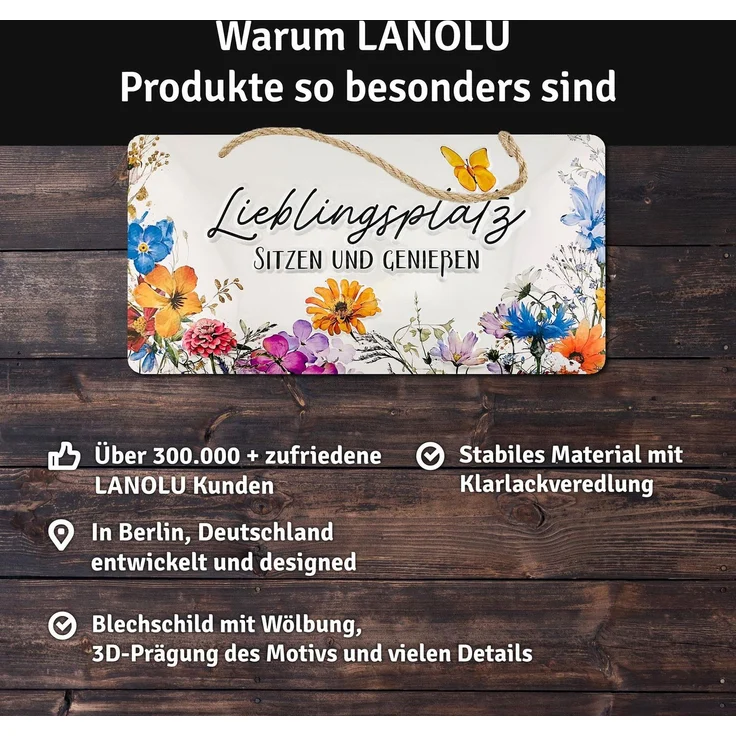 LANOLU Blechschild Lieblingsplatz genießen - 16x32cm – Metall – Weiß – 16102 – Bild 5