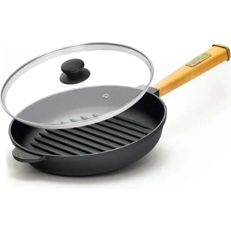 Ø26cm Grillpfanne aus Gusseisen mit Glasdeckel Induktion Holzgriff Bratpfanne Pfanne Feuerpfanne