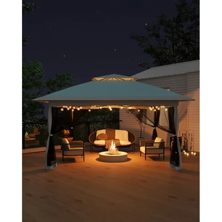 Faltpavillon Moskitonetz 3x3 m mit 4 Seitenteilen – Pop Up Pavillon wasserdicht & stabil, UV-Schutz 50+, höhenverstellbar, Doppeldach Pavillion für Patio & Familie (Pastellblau + Grau) – Bild 3
