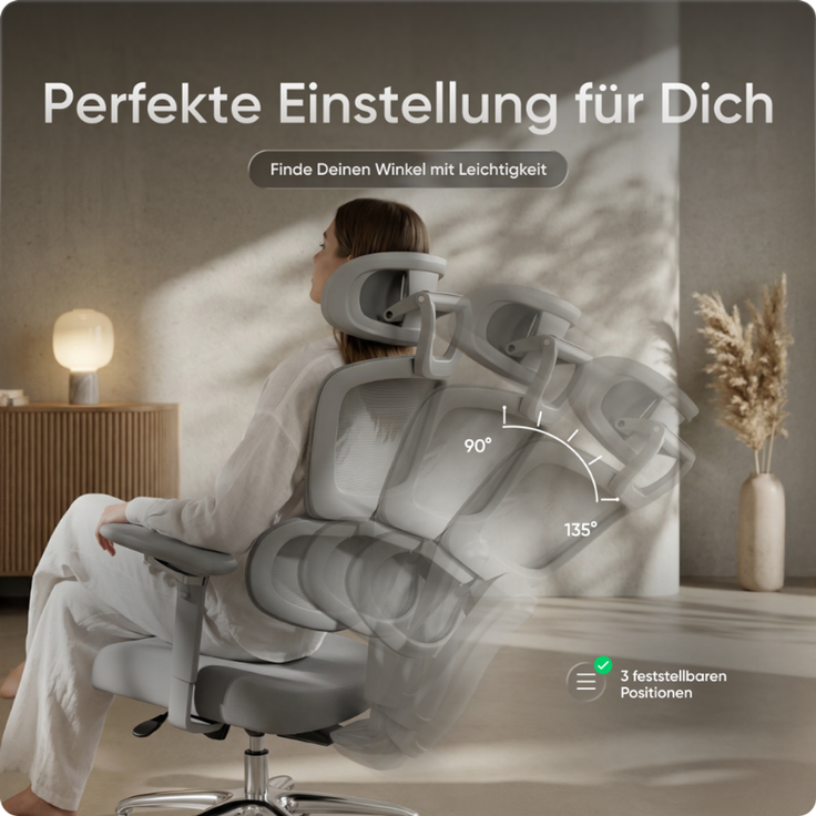 DESKSPACE Move Pro Ergonomischer Bürostuhl - Höhenverstellbarer Drehstuhl 3-stufiger Neigung Schreibtischstuhl, Bürodrehstuhl 150 kg Grau – Bild 6