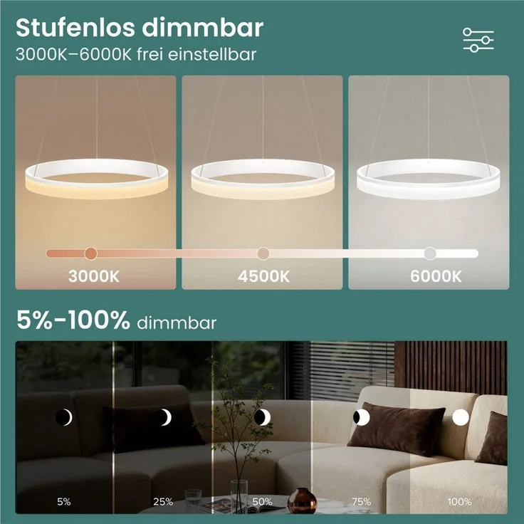 Mai & Mai Pendelleuchte Hängelampe LED-pendellampe 20W/30W stufenlos dimmbar Luvina02, LED-Deckenlampe mit drei Bedienungsmöglichkeiten