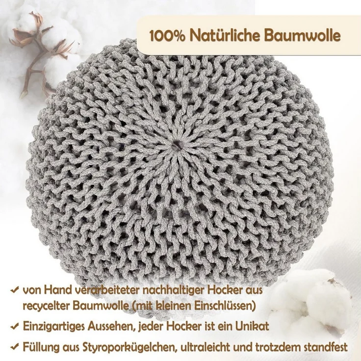 Amagohome Sitzhocker, Pouf, XXL Baumwolle, Hellgrau, ø 45 cm – Bild 1
