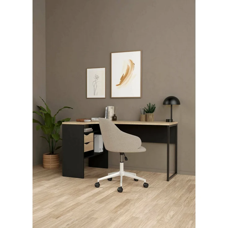Dmora Schreibtisch Moire, Mehrzweckschreibtisch, Bürotisch für PC, Eckschreibtisch, 145x81 h77 cm, Schwarz und Eiche – Bild 2