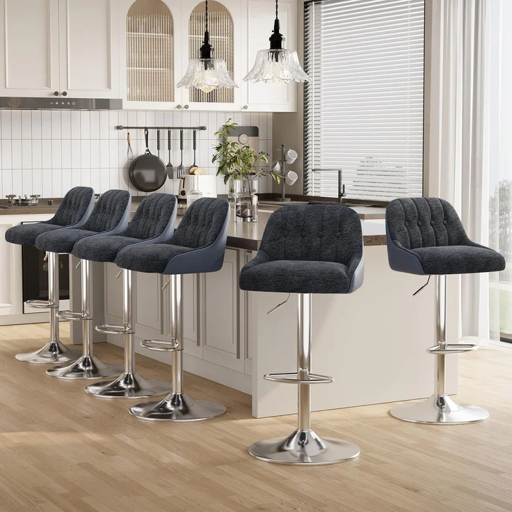 MALOL 360° Drehbarer Höhenverstellbarer Barhocker, Bar Hocker 6er Set mit Rückenlehne, Moderner Küchenhocker mit Metallfuß für Theke, Esszimmer, Barstuhl mit Kombination aus Leder und Stoff, Blau