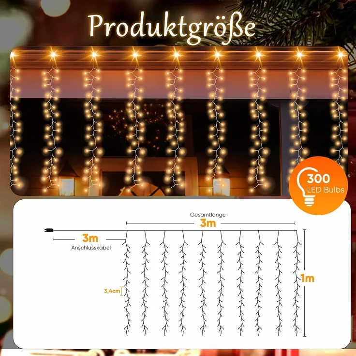 SALCAR 3x1m 300er LED Eisregen Fenster aus Kupferdraht, Wasserdicht LED Lichtervorhang Cluster Lichterkette mit 8 Mod – Bild 2