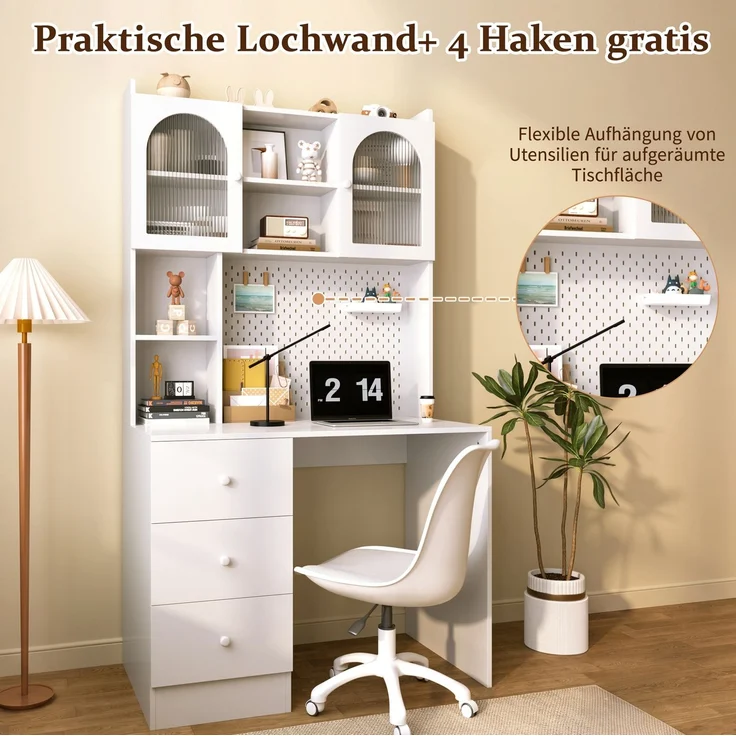 Schreibtisch mit Regal, Vitrine & Pinnwand, 100x55x180 cm, Weiß – Bild 8
