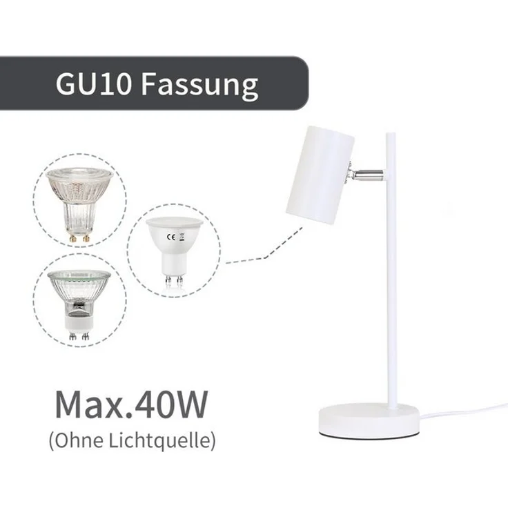 Nettlife Tischleuchte Nachttischlampe Schwarz/Weiß/Gold GU10 mit kabel Schlafzimmer, Schwenkbar 350°, LED wechselbar, Metall Schreibtischlampe Leselampe – Bild 4