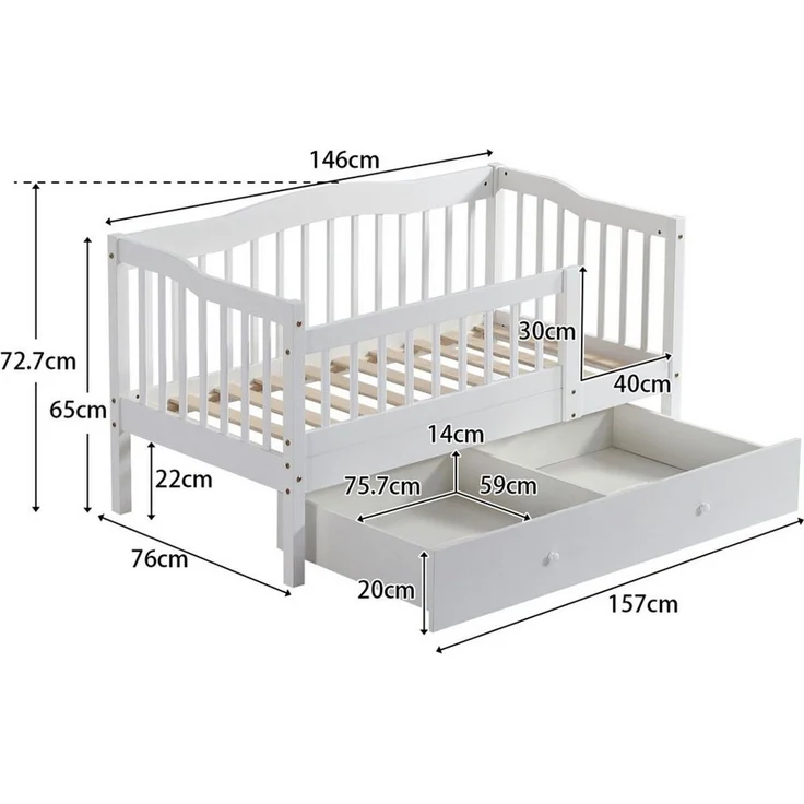 LEADZM Kinderbett mit Schubladen 70x140 / 80x160 / 90x200cm, Hausbett mit Lattenrost, Bodenbett mit Stauraum und Abnehmbarer Barriere, Weiß – Bild 2